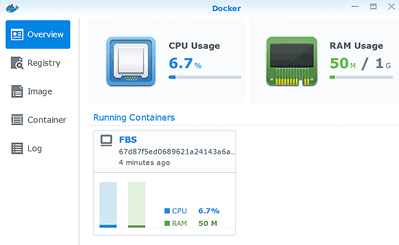 Contenedor Ferro Backup System en funcionamiento en un servidor NAS Synology